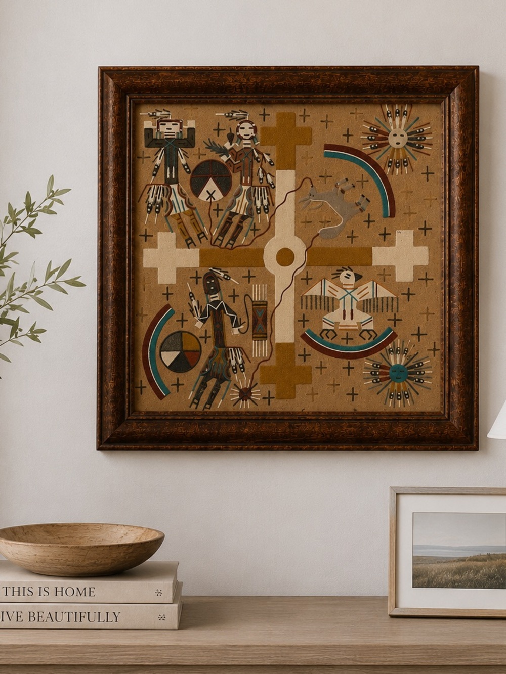 Vintage Signed Navajo Sand Painting | Framed Southwestern Wall Art 14.5”